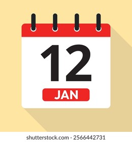January Twelfth. Calendar Page Vector. Red, White and Yellow. Date Illustration. Time Concept. Jan 12th.