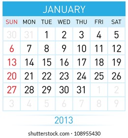 January Twenty-thirteen. Calendar Month. Illustration on white background
