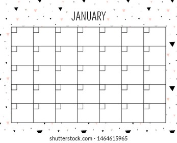 January. Universal Monthly Planner Template. Vector. Hand drawn doodle texture. Abstract shapes. Schedule for daily plans, impotant dates. Printable Organizer, calendar for study, school or work