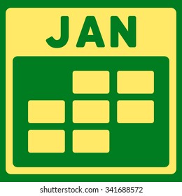 January vector icon. Style is flat symbol, yellow color, rounded angles, green background.