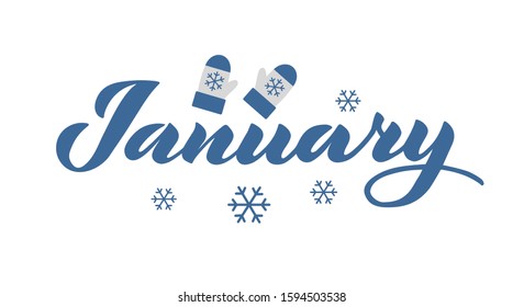 January - vector lettering of hand drawn.  Blue illustration with mittens and snowflakes isolated on white.  EPS 10