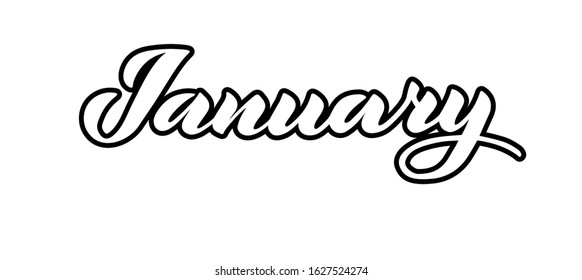 January - vector lettering of hand drawn.  Blue illustration with mittens and snowflakes isolated on white.  EPS 10