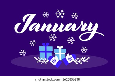 January - vector lettering of hand drawn.  Blue illustration with mittens, presents and snowflakes.  EPS 10