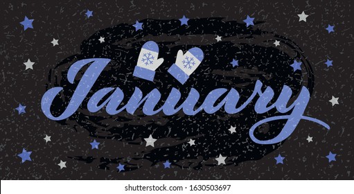 January - vector lettering of hand drawn.  Blue illustration with mittens and snowflakes isolated on white.  EPS 10