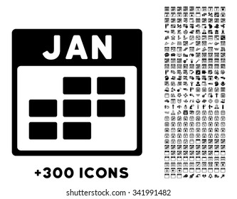 January vector pictogram with additional 300 date and time management icons. Style is flat symbols, black color, rounded angles, white background.