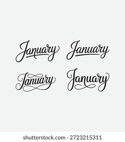 Plantillas escritas en enero ambientadas en un elegante guion de unión con trazos atrevidos y elegantes, diseñadas con una tipografía de Vector de alta calidad y limpia, perfectas para calendarios, marcas de temporada, tarjetas de felicitación, planificadores, encabezados, diseños de texto modernos y proyectos de letras creativas