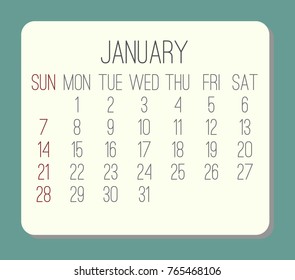 January year 2018 plain contemporary vector monthly calendar. Week starting from Sunday. Beige rounded rectangle over teal green background.