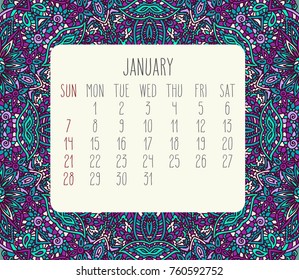 January year 2018 vector month calendar over lacy doodle hand drawn teal and purple background, week starting from Sunday.