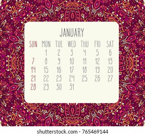 January year 2018 vector month calendar over lacy doodle hand drawn pink background, week starting from Sunday.