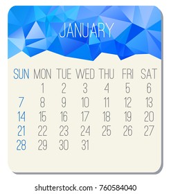 January year 2018 vector monthly calendar. Week starting from Sunday. Contemporary low poly design in blue color.