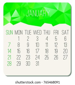 January year 2018 vector monthly calendar. Week starting from Sunday. Contemporary low poly design in green color.