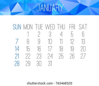 January year 2018 vector monthly calendar. Week starting from Sunday. Contemporary low poly design in blue color.