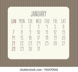 January year 2018 vector monthly hand drawn calendar. Week starting from Sunday. Beige plank over vintage brown stripes background.
