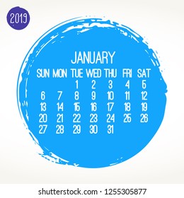 January year 2019 contemporary vector calendar. Week starting from Sunday. Hand drawn blue brush stroke circle design over white background.
