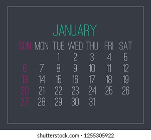 January year 2019 plain contemporary vector monthly calendar. Week starting from Sunday. Modern design over dark gray background.