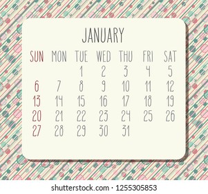 January year 2019 vector monthly calendar. Week starting from Sunday. Funky dots and stripes background.