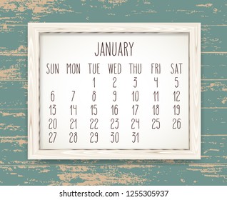 January year 2019 vector monthly calendar. Week starting from Sunday. Hand drawn text in a wooden frame over rustic distressed teal wood background.