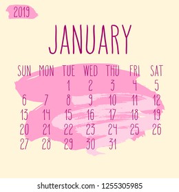 January year 2019 vector monthly calendar. Week starting from Sunday. Hand drawn freeform pink paint stroke artsy design over beige background.