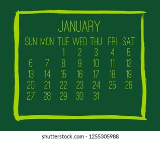 January year 2019 vector monthly modern calendar. Week starting from Sunday. Contemporary hand drawn green brush stroke frame design.