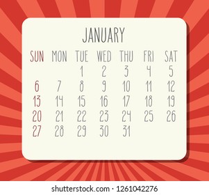 January year 2019 vector monthly calendar. Week starting from Sunday. Bright orange and red rays of light background.