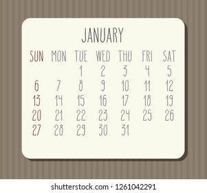 January year 2019 vector monthly calendar. Week starting from Sunday. Vintage brown stripes design.