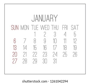January year 2019 vector monthly calendar. Week starting from Sunday. Plain white contemporary design.
