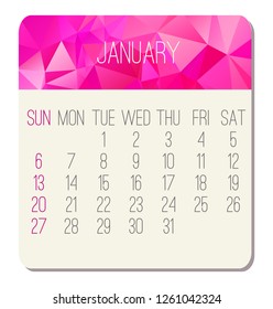 January year 2019 vector monthly calendar. Week starting from Sunday. Contemporary low poly design in pink color.