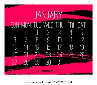 January year 2019 vector monthly modern calendar. Week starting from Sunday. Contemporary hand drawn freeform brush stroke frame design in hot pink and black.