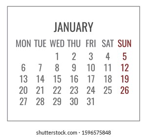 January year 2020 vector monthly plain minimalistic white calendar. Week starting from Monday.