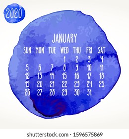 January year 2020 vector monthly artsy calendar. Hand drawn blue watercolor paint circles design over white background. Week starting from Sunday.