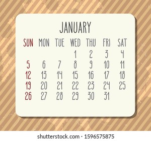 January year 2020 vector monthly calendar. Week starting from Sunday. Vintage brown stripes distressed design.