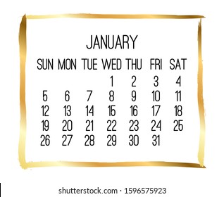 January year 2020 vector monthly modern calendar. Contemporary golden brush stroke frame design over white background. Week starting from Sunday.