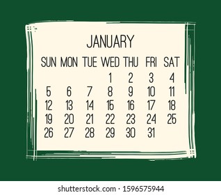 January year 2020 vector monthly modern calendar. Contemporary hand drawn green brush stroke frame design. Week starting from Sunday.