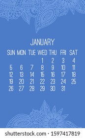 January year 2020 vector monthly calendar over lacy doodle ornate hand drawn blue background. Week starting from Sunday.