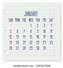 January year 2020 vector monthly calendar on a ruled notebook page. Hand written note pad sheet typography. Week starting from Sunday.