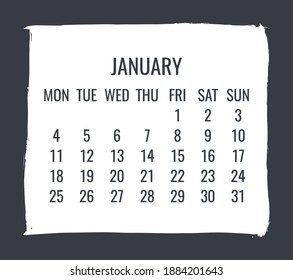 Calendario mensual de vectores contemporáneos de enero de 2021. Diseño de trazo de pincel blanco dibujado a mano sobre fondo negro. Semana a partir del lunes.