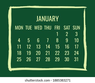 Calendario mensual de vectores contemporáneos de enero de 2021. Diseño verde de pincel dibujado a mano. Semana a partir del lunes