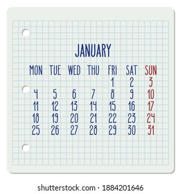 January year 2021 vector monthly calendar on a chequered notebook page. Week starting from Monday. Hand written typography.