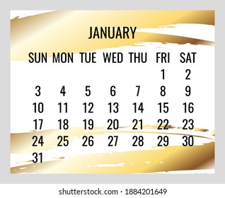 January year 2021 vector monthly golden and white modern calendar. Week starting from Sunday. Contemporary gold brush stroke design.