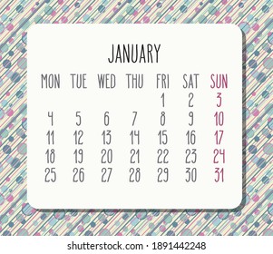 Januar 2021 Vektor monatlicher Kalender. Woche ab Montag. Pastellfarbene Punkte und Streifen, helles Design.