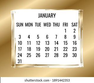 January year 2021 vector monthly golden frame modern calendar. Week starting from Sunday. Contemporary gold brush stroke design over white.