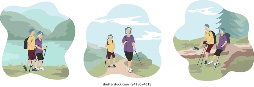 January,15,2024
A vector illustration of an elderly couple travelling in nature