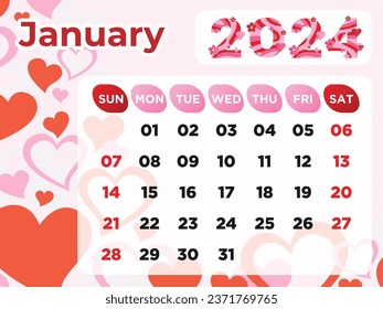 January_2024 Monthly Calender _ Lovely Design with weeks start on Sunday