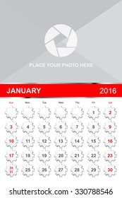 January.Calendar for 2016 Year. Vector Gears Design Print Template