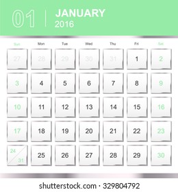 January.Calendar for 2016 Year. Vector Silver Design Print Template