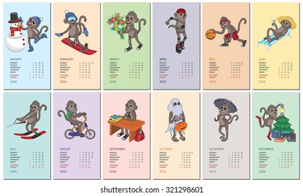 January-December 2016. Symbol of the year monkey on colorful backgrounds