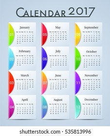 January-December Desktop Calendar  2017 year.Week starts Monday. Vector design stationery Multi-color illustration. Yearly calendar template set of 12 months Printing layout artwork.