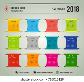 January-December Desktop Calendar 2018 Years.Week starts Monday. Vector  stationery color. Yearly calendar template set of 12 months Printing layout artwork.