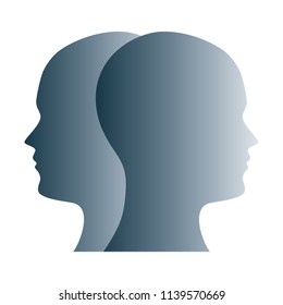 Janus face symbol made of gray silhouettes of two heads. Two overlapping heads as sign for duality, anxiety, uncertainty and other psychological problems and questions. Illustration over white. Vector