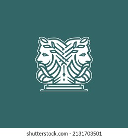 Janus logo. Ancient Greek Figure Face Head Statue Sculpture Logo design, Elegance logo of God wearing leaf crown, line linear illustration elegant logo illustration 